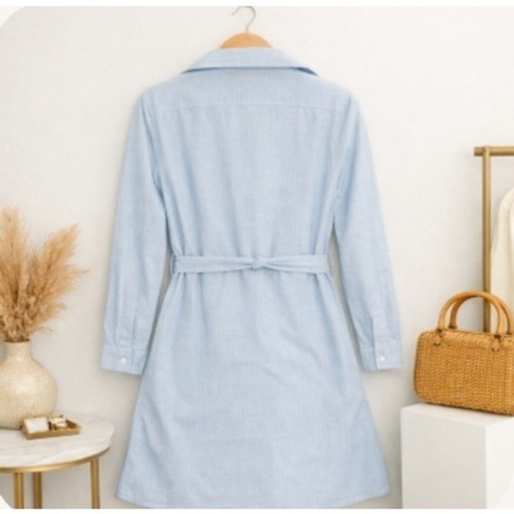 Minnie Mortimer Blue Belted Shirt Dress Collared Button Front Preppy Cotton S - Picture 2 of 3